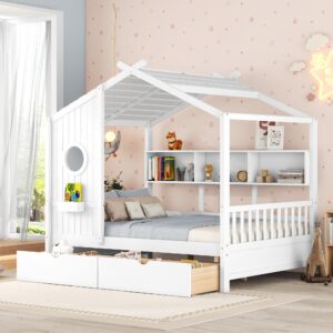 full size house bed with storage drawers and shelves, wood montessori house bed frame, kids playhouse tent bed for girls boys, white