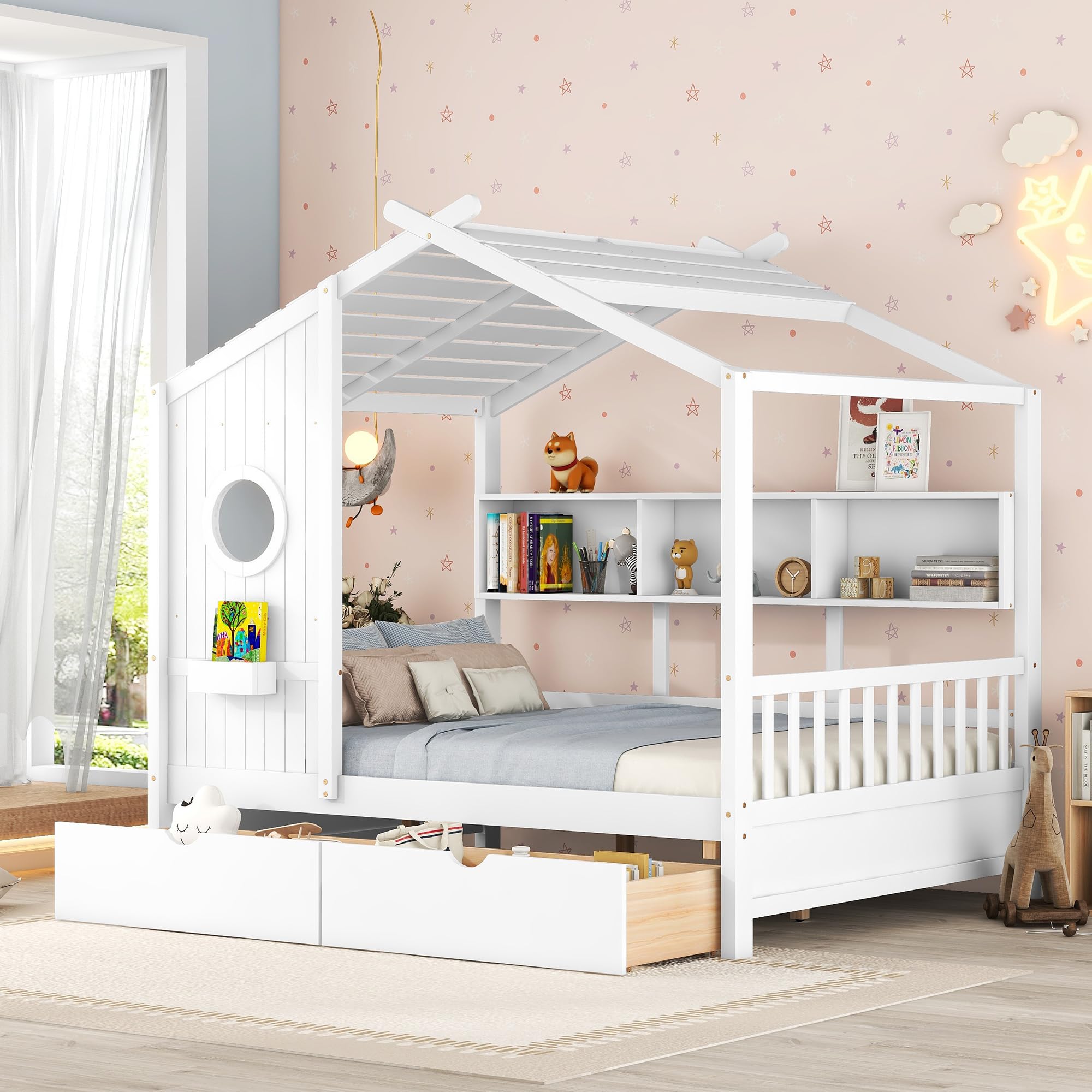 Full Size House Bed with Storage Drawers and Shelves, Wood Montessori House Bed Frame, Kids Playhouse Tent Bed for Girls Boys, White