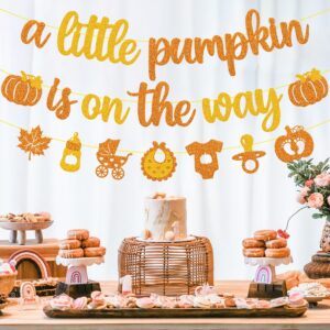 A Little Pumpkin is on The Way Banner Glitter Orange Gold Little Pumpkin Baby Shower Party Decoration Little Girl Boy Fall Pumpkin Autumn Harvest Theme A Little Pumpkin is on the His Way Gender Reveal