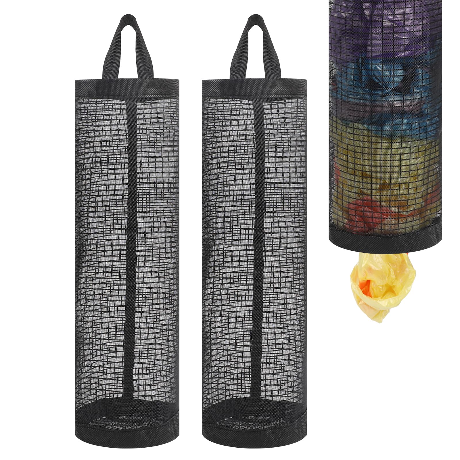 2Pack Plastic Bag Holder, Grocery Bag Holder for Plastic Bags Mesh Hanging Storage Dispenser Trash Bag Organizer Shopping Bag Holder for Plastic Bags