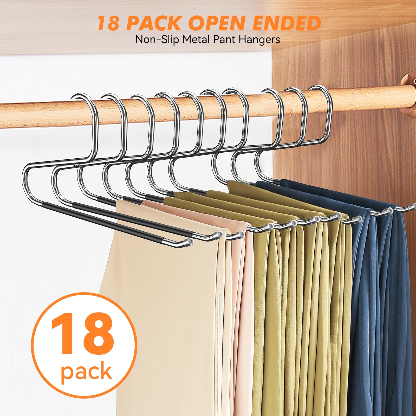 Hodola 18 Pack Pants Hangers Space Saving,Open Ended Metal Pant Hangers,Non Slip Jean Hangers for Men and Women,Closet Storage Organizer for Clothes Leggings Slacks Trouser Ties