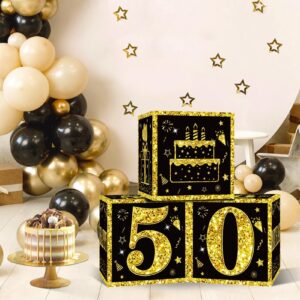 Eiurteao 3pcs 50th Birthday Decorations Boxes for Men Women, Black Gold Happy 50 Birthday Balloons Boxes Party Supplies, 50 Year Old Bday Theme Cardboard Box