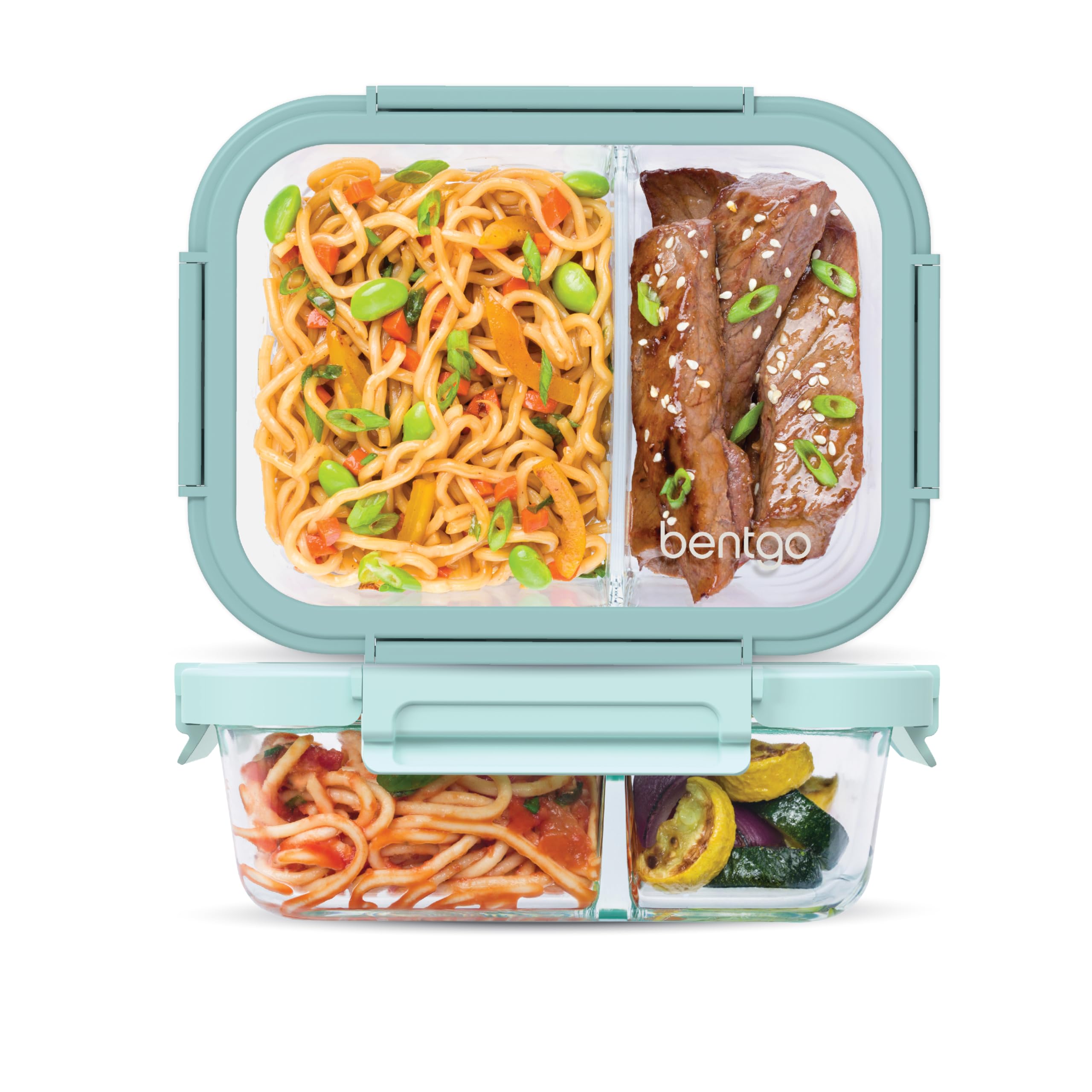 Bentgo Glass Leak-Proof Meal Prep Set - 4-Piece Lunch & Dinner 2-Compartment Glass Food Containers with Glass Lids - Reusable, BPA-Free, Microwave, Freezer, Oven & Dishwasher Safe (Seafoam/Seaglass)