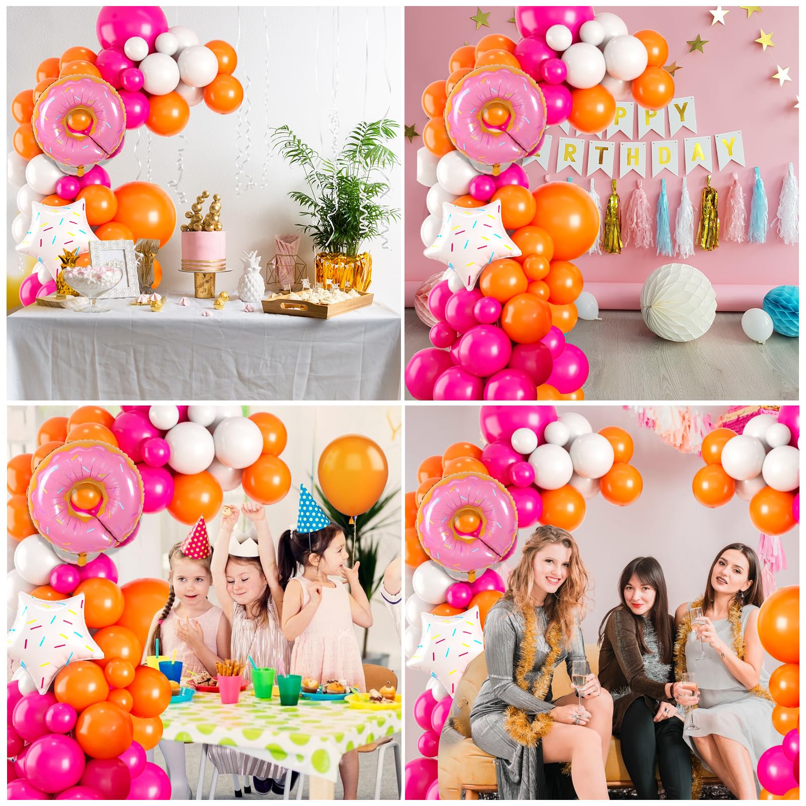 Donut Balloon Garland Arch Kit, Donut Theme Party Decorations, Hot Pink Orange Latex Balloons with White Star Donut Foil Balloons for Girls Baby Shower Sweet Donut Birthday Party Supplies