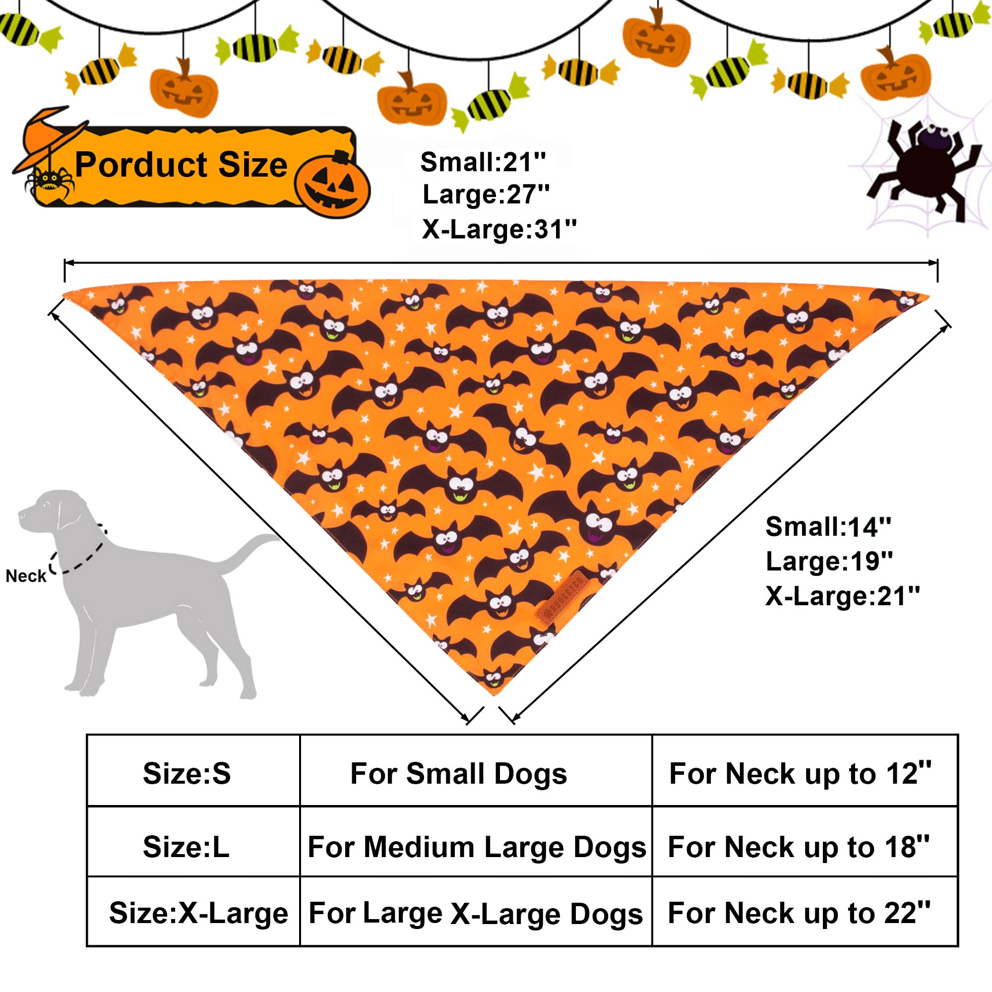 ADOGGYGO Halloween Dog Bandana, Halloween Pumpkin Bat Dog Scarf, Premium Durable Fabric, Adjustable Fit Dog Halloween Bandanas for Medium Large Dogs Pets (Large, Halloween)