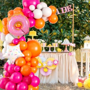 Donut Balloon Garland Arch Kit, Donut Theme Party Decorations, Hot Pink Orange Latex Balloons with White Star Donut Foil Balloons for Girls Baby Shower Sweet Donut Birthday Party Supplies