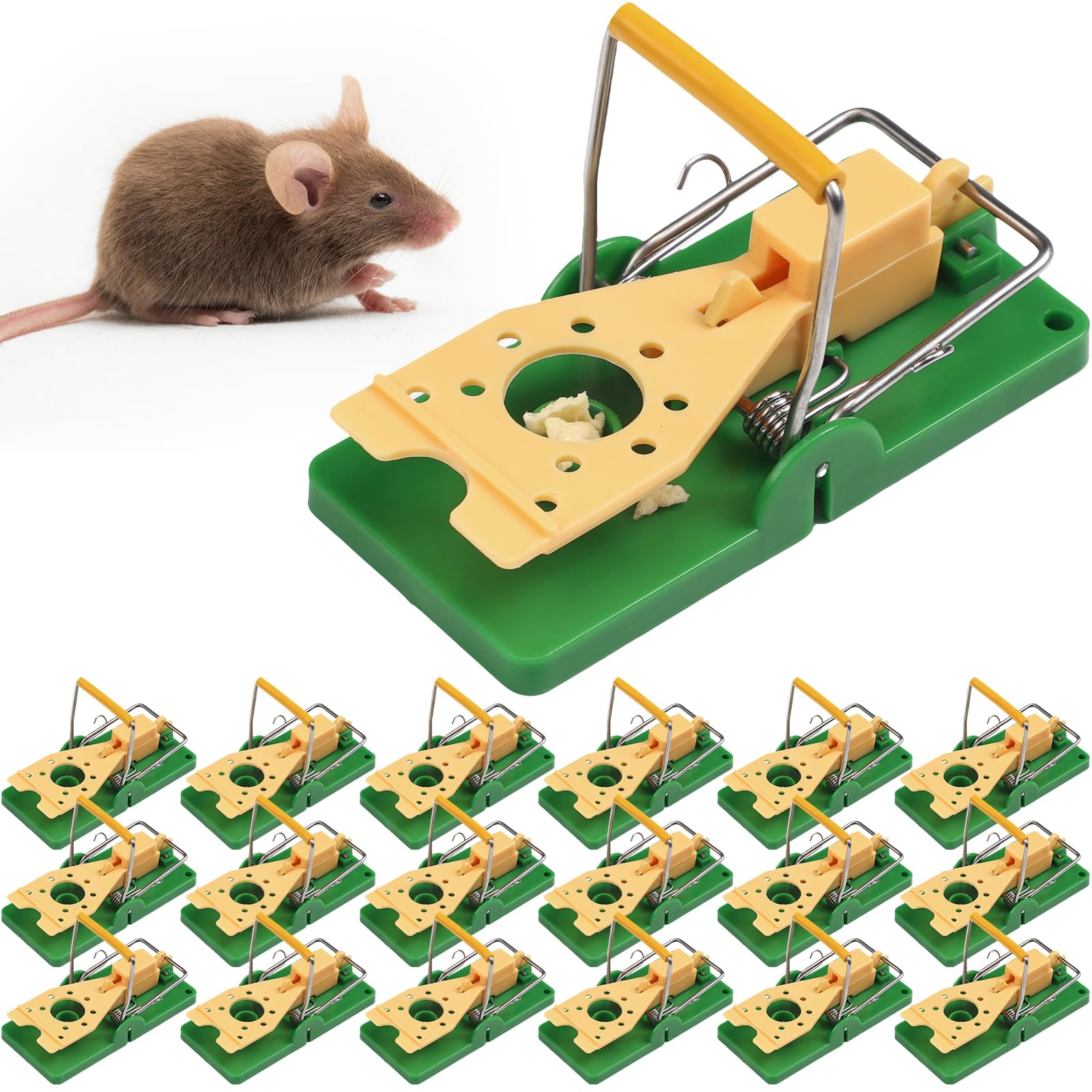 Qualirey Mouse Traps Green 2024 Edition Plastic Mice Trap Rat Traps with Yellow Cheese Color Board Quick Sensitive Effective Mouse Trap Safe Sanitary Mice Traps for House, Garage, Outside(12 Pcs)