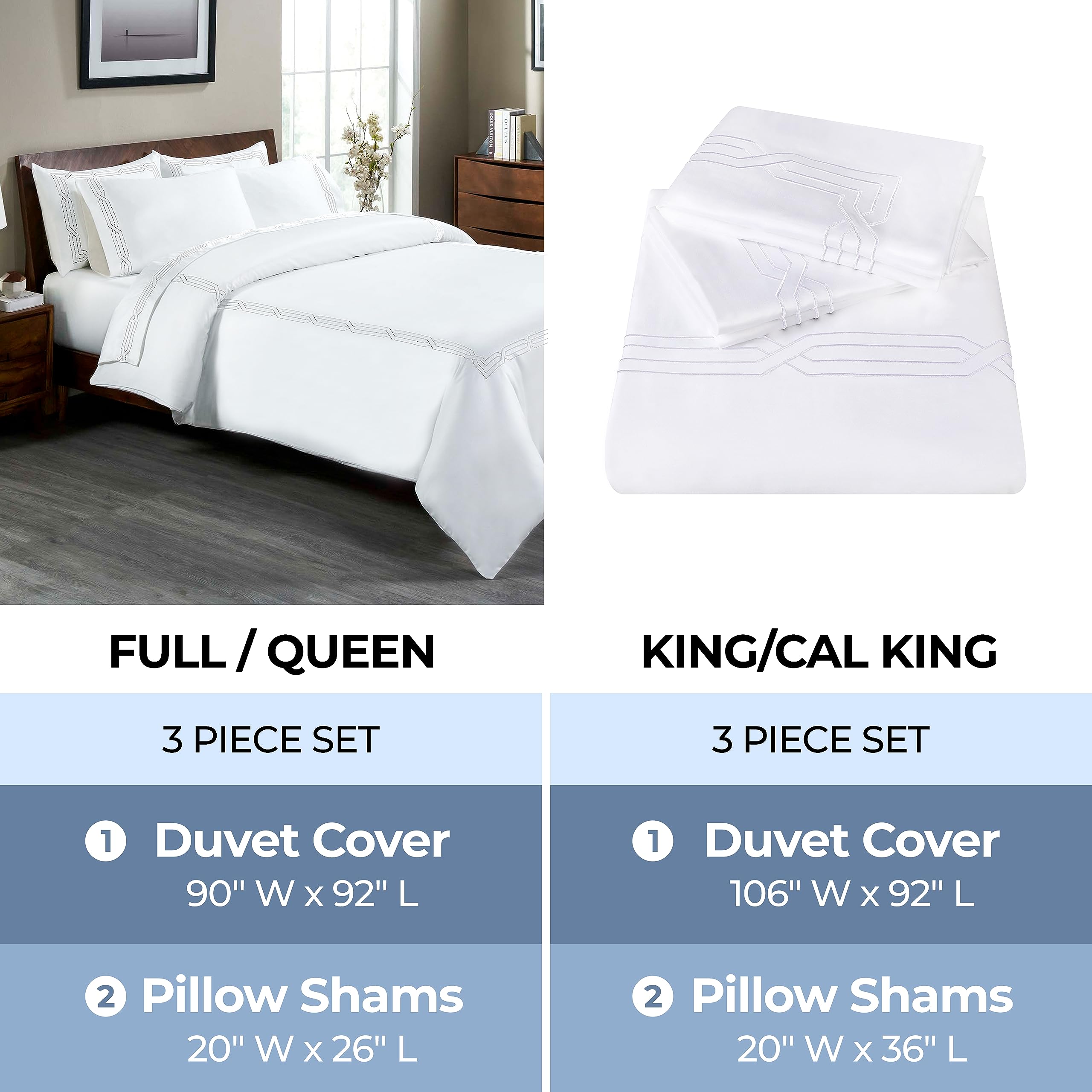 BNM Egyptian Cotton Duvet Cover Set, 1200 Thread Count, Hidden Button Closure, Soft Bedding Basics, 1 Duvet Cover, 2 Pillow Shams, Solid, Geometric Scroll Embroidery, Full/Queen, White-White