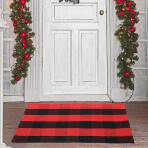 buffalo plaid outdoor rug 3'x5' black and red checkered door mat cotton hand-woven front welcome door mats for front porch patio entryway kitchen farmhouse