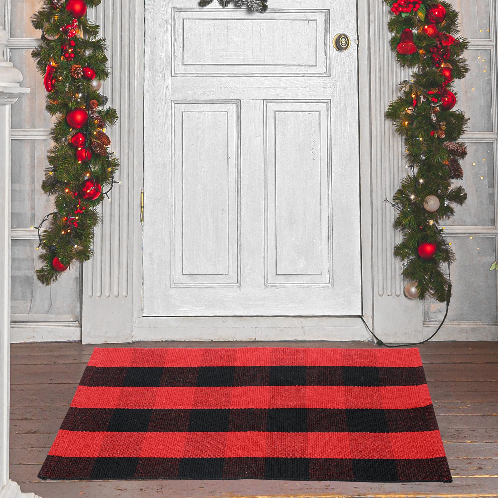 Buffalo Plaid Outdoor Rug 3'x5' Black and Red Checkered Door Mat Cotton Hand-Woven Front Welcome Door Mats for Front Porch Patio Entryway Kitchen Farmhouse