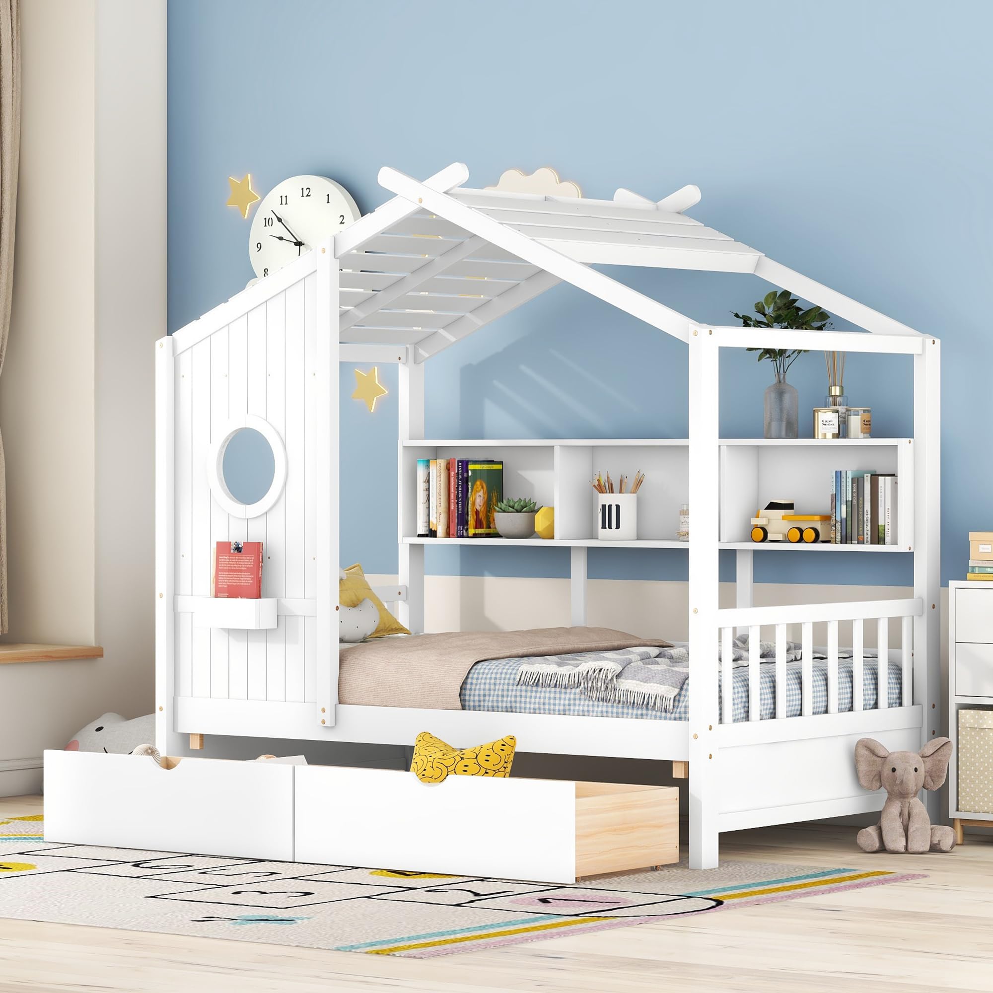 Twin Size House Bed with Storage Drawers and Shelves, Wood Montessori House Bed Frame, Kids Playhouse Tent Bed for Girls Boys, White