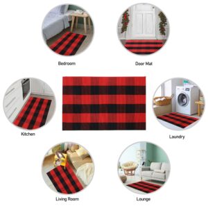 Buffalo Plaid Outdoor Rug 3'x5' Black and Red Checkered Door Mat Cotton Hand-Woven Front Welcome Door Mats for Front Porch Patio Entryway Kitchen Farmhouse