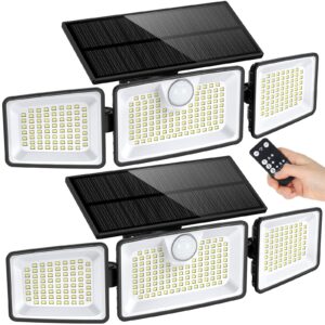 daphino solar lights outdoor, 2500lm 252leds solar motion lights outside, 3 head 355° wide angle street area lights, ip67 waterproof spot lights with 7.9 * 3.5in tempered glass solar panel(2 pack)