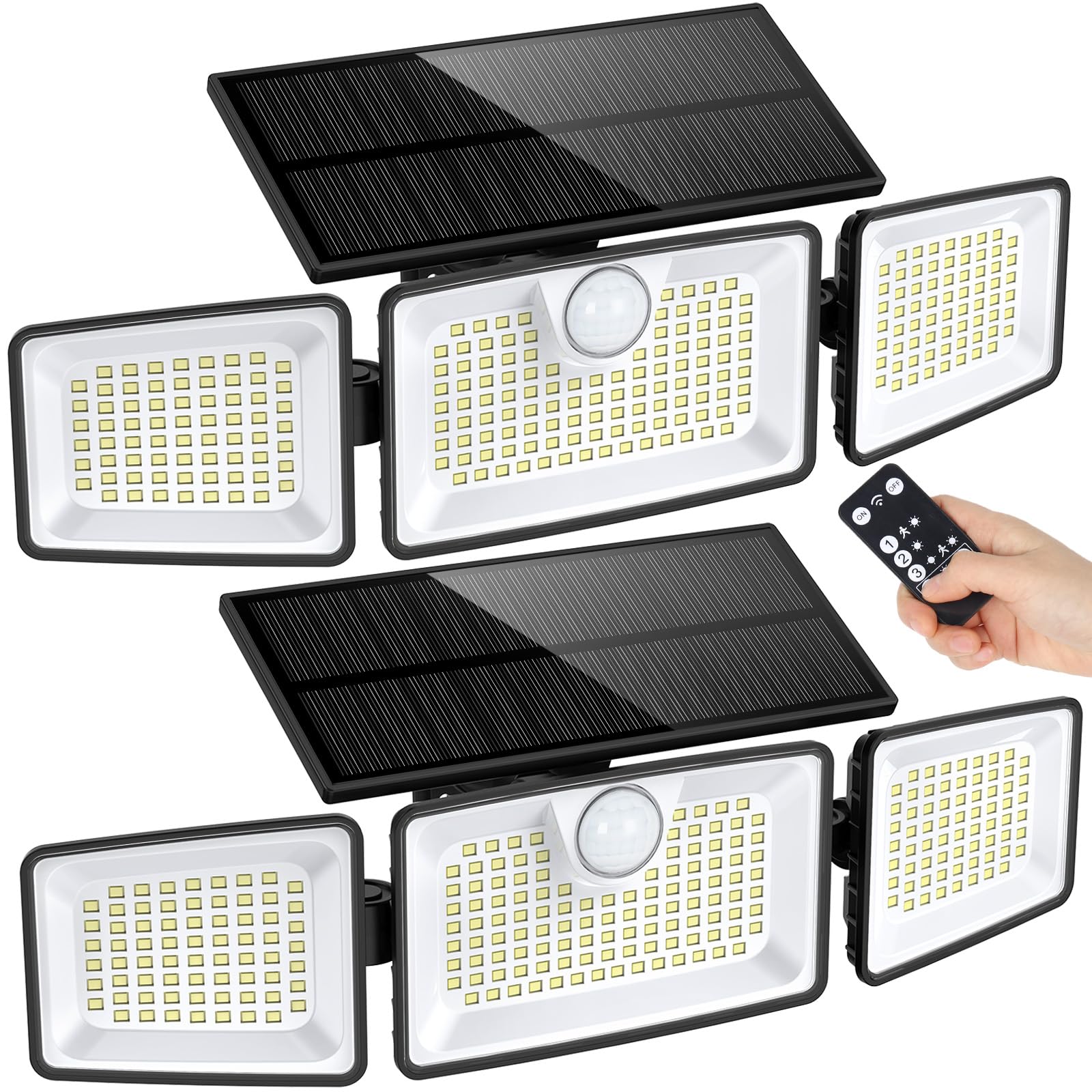 daphino Solar Lights Outdoor, 2500LM 252LEDs Solar Motion Lights Outside, 3 Head 355° Wide Angle Street Area Lights, IP67 Waterproof Spot Lights with 7.9 * 3.5in Tempered Glass Solar Panel(2 Pack)