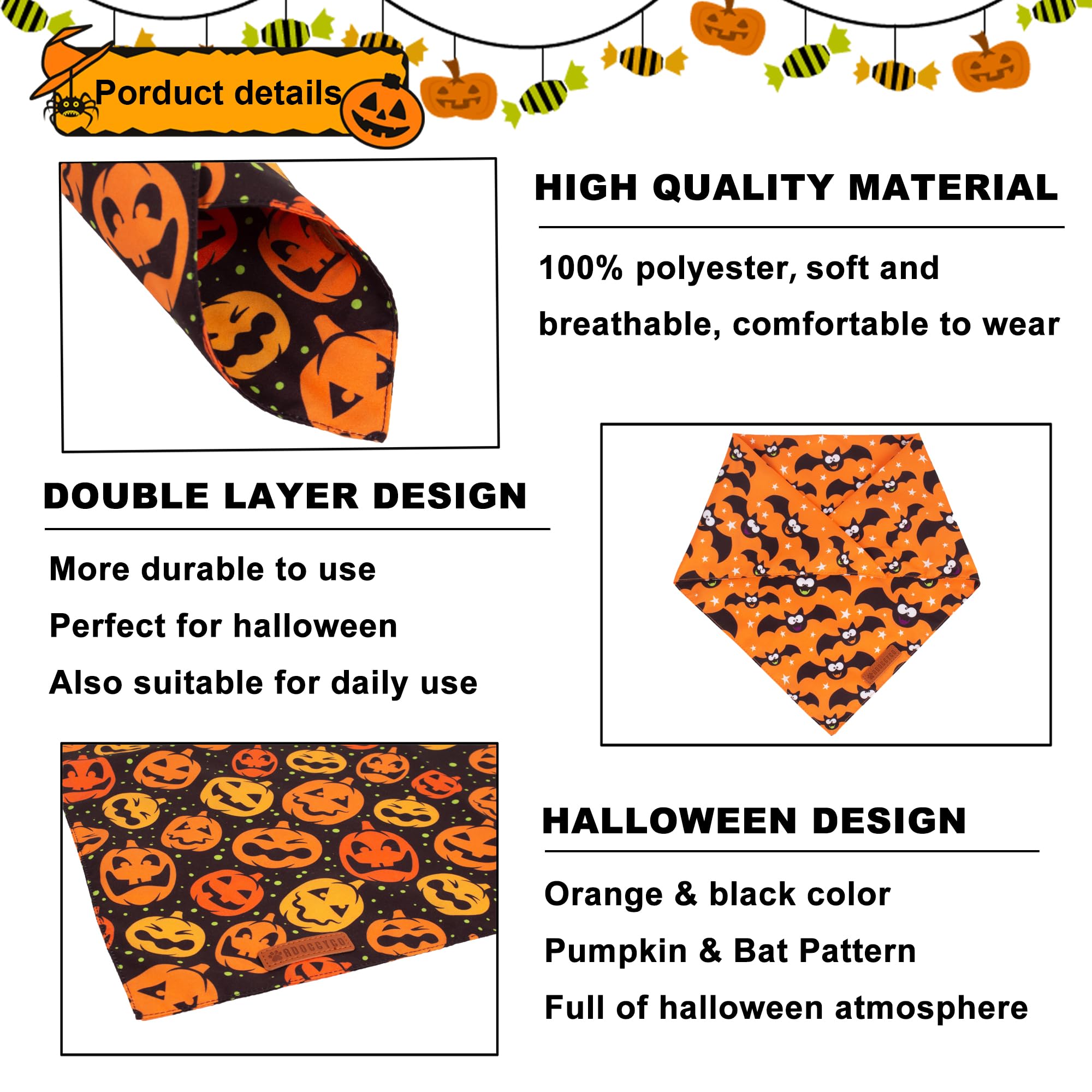 ADOGGYGO Halloween Dog Bandana, Halloween Pumpkin Bat Dog Scarf, Premium Durable Fabric, Adjustable Fit Dog Halloween Bandanas for Medium Large Dogs Pets (Large, Halloween)