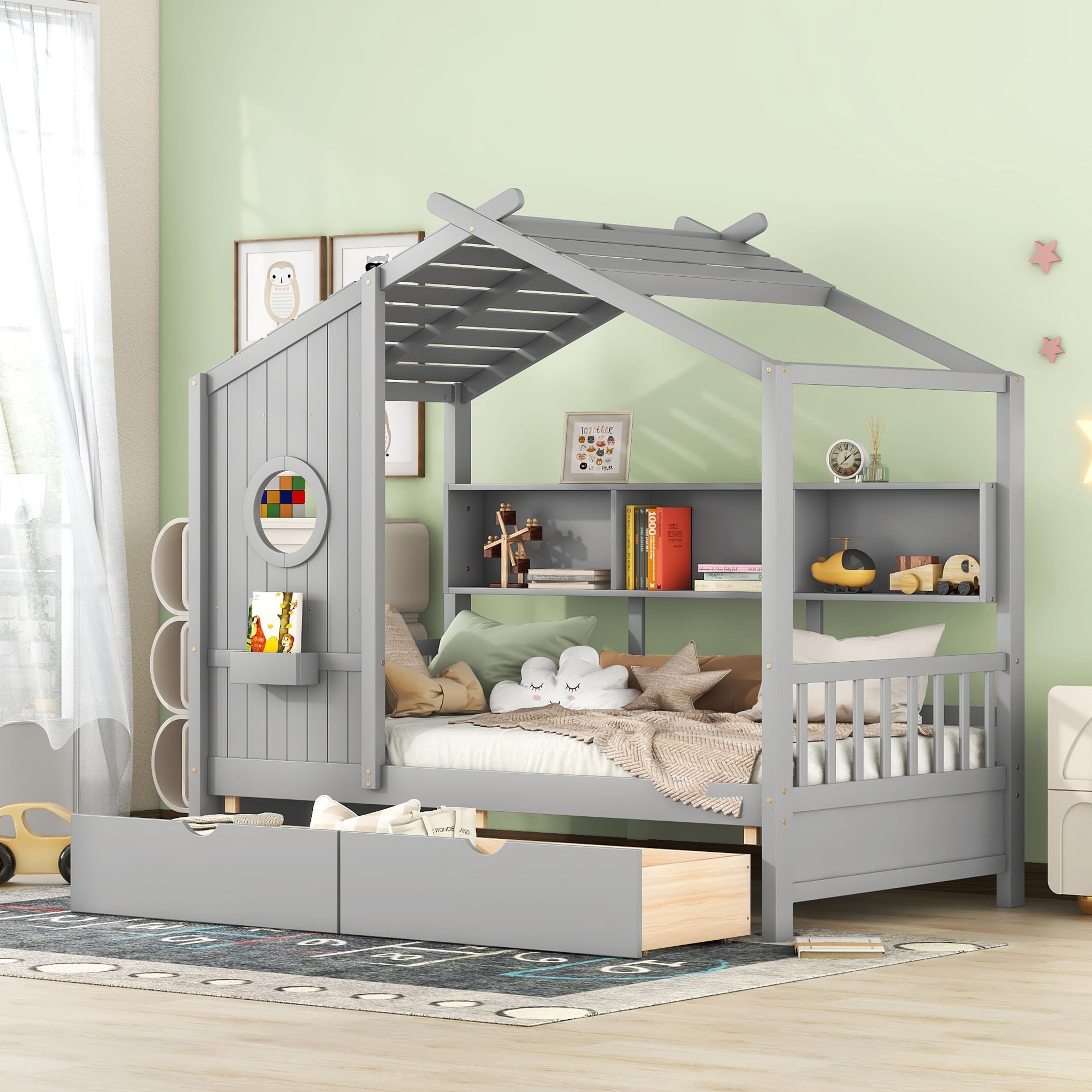 Twin Size House Bed with Storage Drawers and Shelves, Wood Montessori House Bed Frame, Kids Playhouse Tent Bed for Girls Boys, Gray