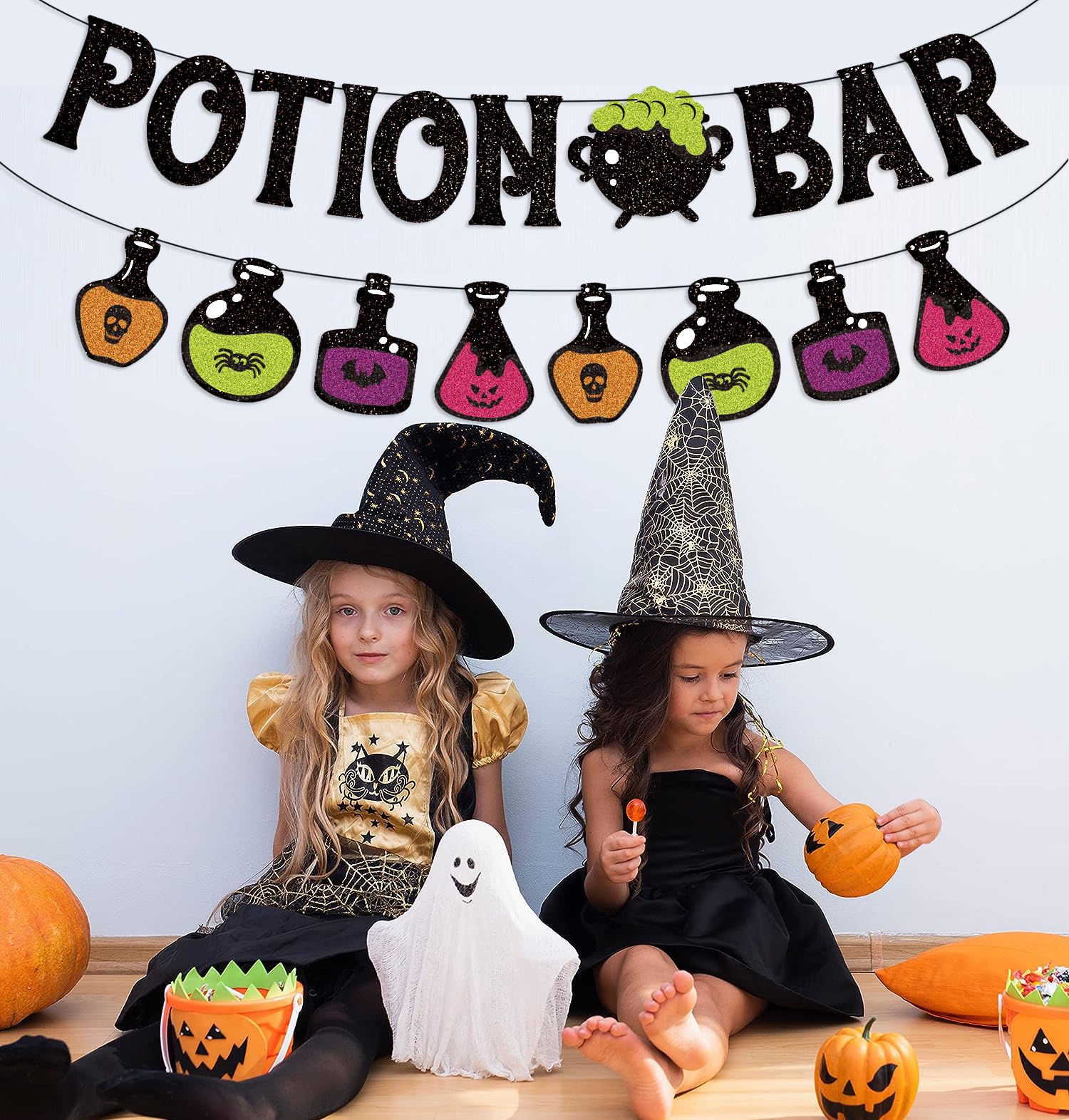 Potion Bar Banner Halloween Poison Bat Horrible Witches Haunted House Theme for Men Women Halloween Festival Holiday Party Purple Glitter Decorations (Potion Bar)