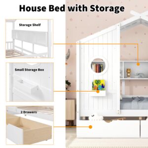 Linique Wooden Full Size House Bed with 2 Drawers and Storage Shelf,Full Platform Bed Frame with Pitched Roof,White