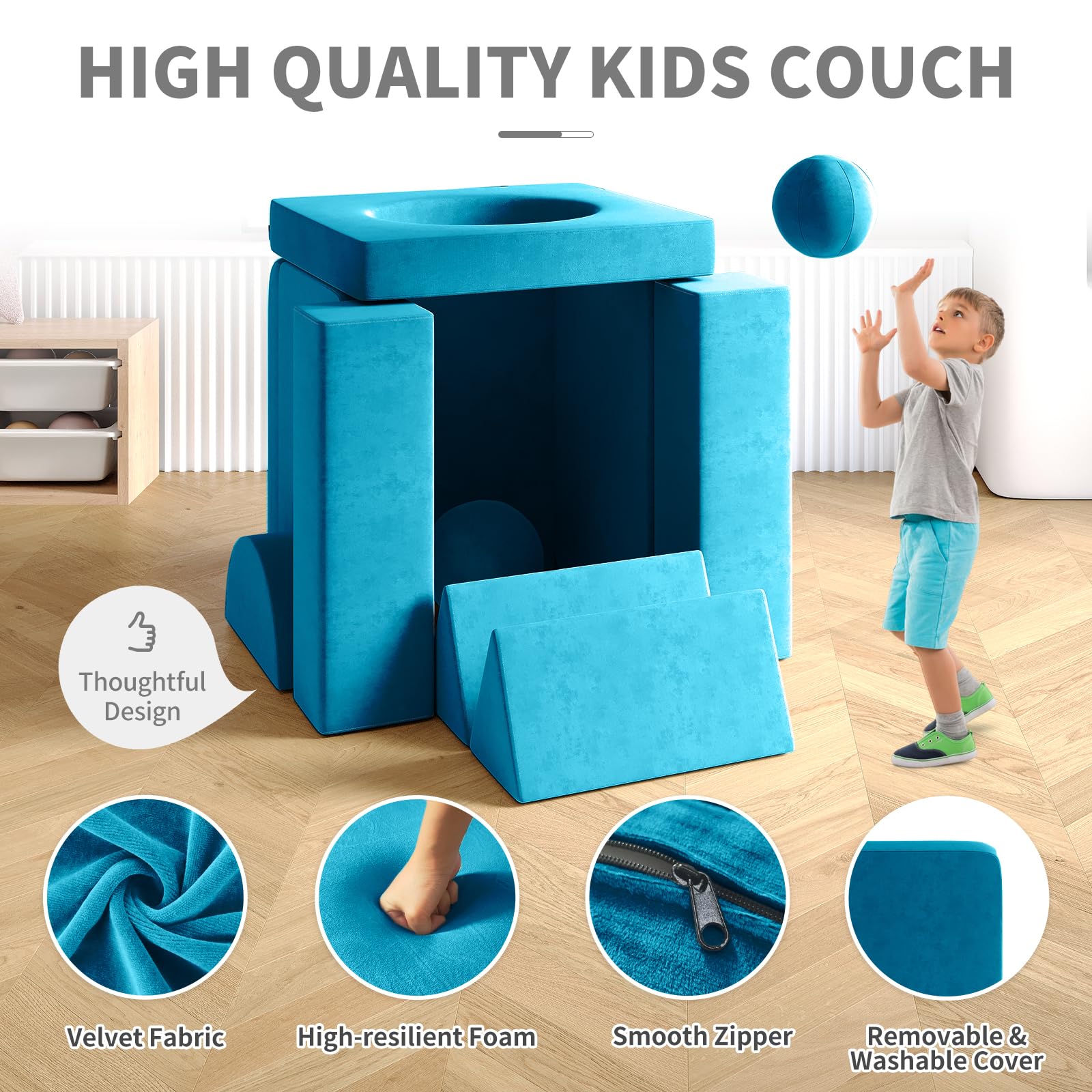 Kids Couch, 12PCS Fold Out Toddler Couch with 2 Balls and Tunnel, Modular Kids Couch for Playroom, Kids Play Couch for Kickball Game, Pitching Game, Over 30 Creative Gameplay Couch for Kids (Blue)