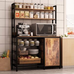 naiyufa kitchen bakers rack with baskets and door,industrial microwave oven stand,kitchen utility storage shelf,free standing kitchen utility cart storage shelf organizer with hooks