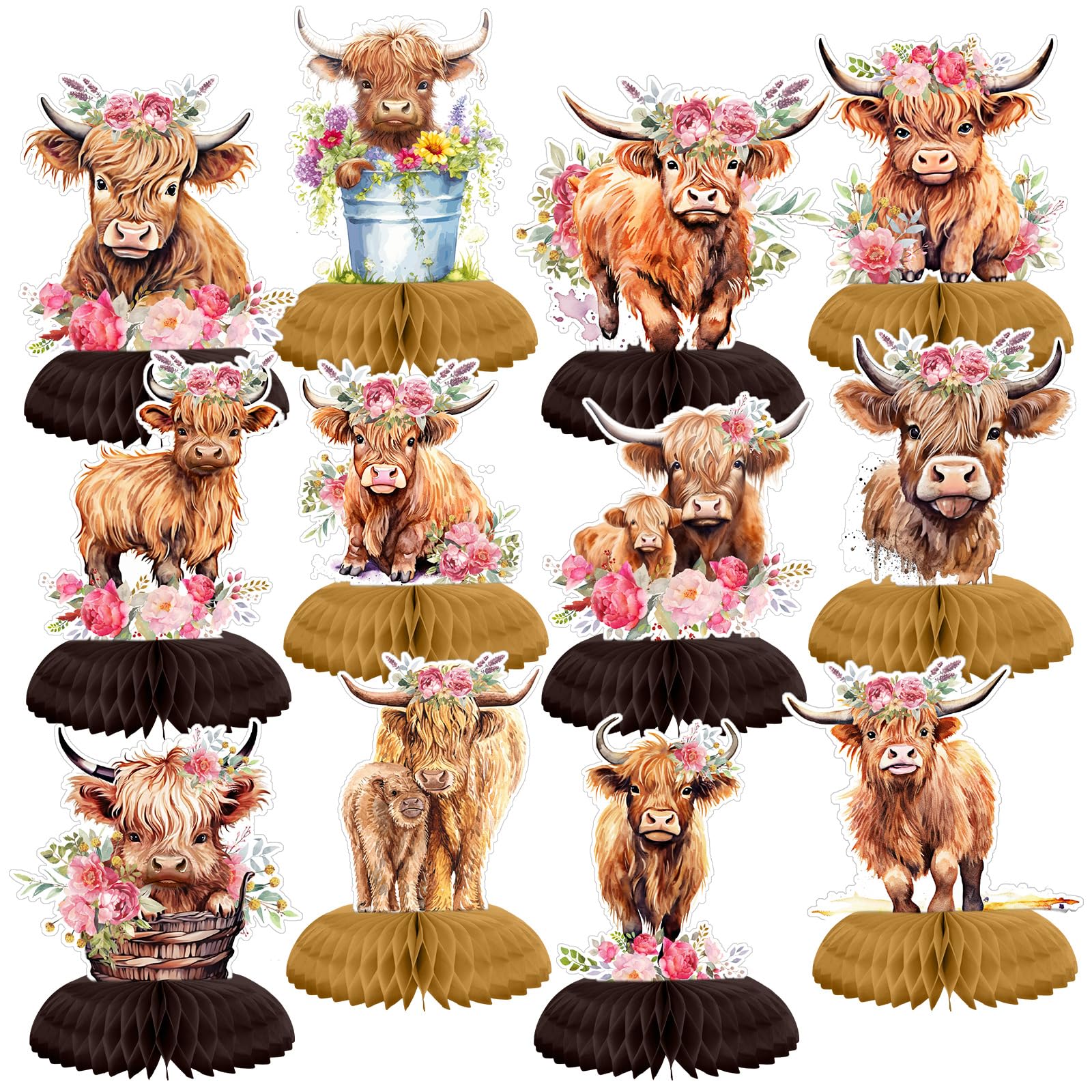 Shappy 12 Pcs Highland Cow Honeycomb Centerpieces Highland Cow Party Centerpieces Highland Cattle Table Decorations for Highland Cow Baby Shower Birthday Party Supplies(Classical)