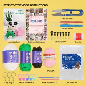 XSEINO Crochet Kit for Beginners - Crochet Start Kit with Step-by-Step Video Tutorials - Learn to Crochet Kits for Adults and Kids - Panda, Frog, Hedgehog