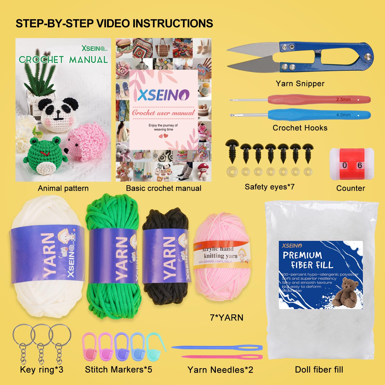 XSEINO Crochet Kit for Beginners - Crochet Start Kit with Step-by-Step Video Tutorials - Learn to Crochet Kits for Adults and Kids - Panda, Frog, Hedgehog