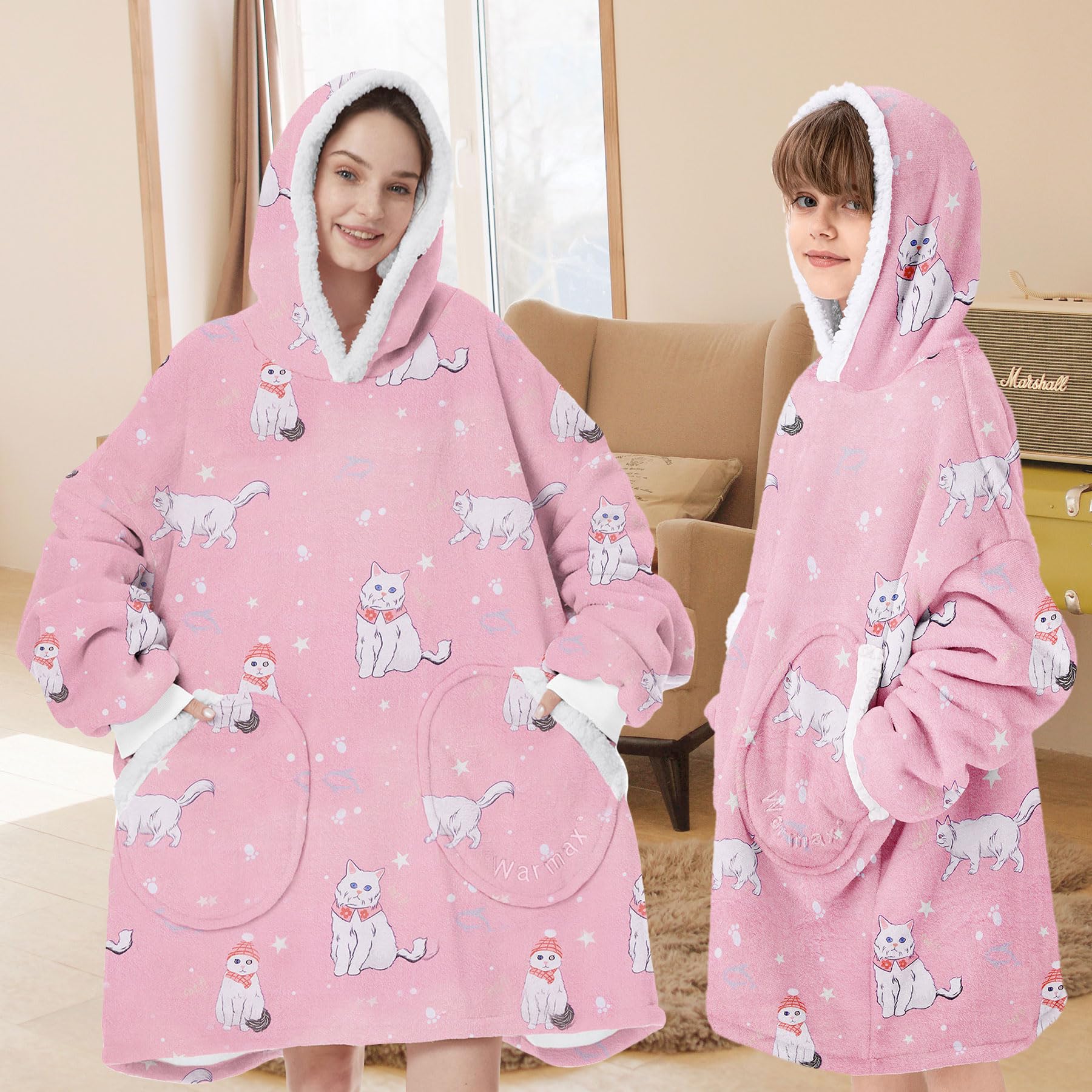 Zando Pink Blanket Hoodie Cat Blanket Kids Oversized Wearable Blanket Hoodies Cozy Warm Hooded Blanket for Boys Girls Sherpa Blanket Hoodie with Pocket Thick Fleece Sweater Blanket Gift for Teens