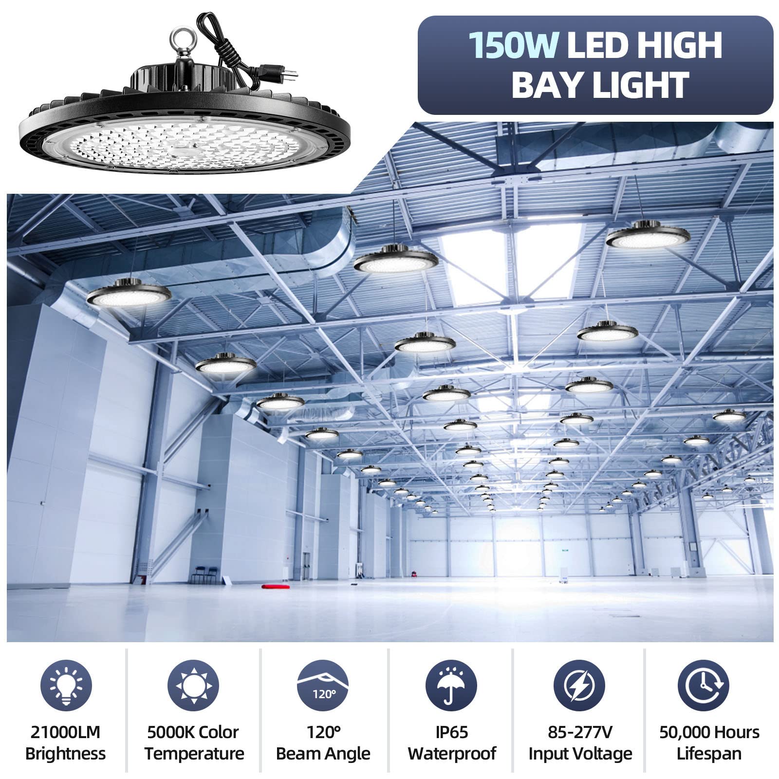 BLAUESGAS 6 Pack UFO LED High Bay Light 150W High Bay Led Shop Lights 21,000LM Commercial Bay Lighting for Warehouse Workshop Factory Gym Garage Barn