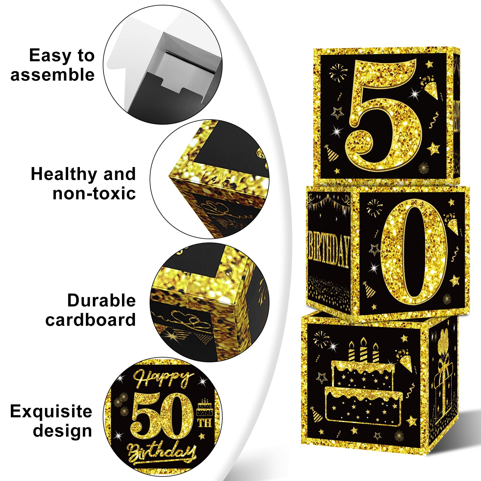 Eiurteao 3pcs 50th Birthday Decorations Boxes for Men Women, Black Gold Happy 50 Birthday Balloons Boxes Party Supplies, 50 Year Old Bday Theme Cardboard Box