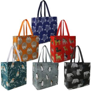 beegreen animal reusable grocery bags - w13*h13*d7 6 packs lightweight shopping totes with long handles, water resistant,durable and portable - perfect for groceries, supermarket, gifts, and more