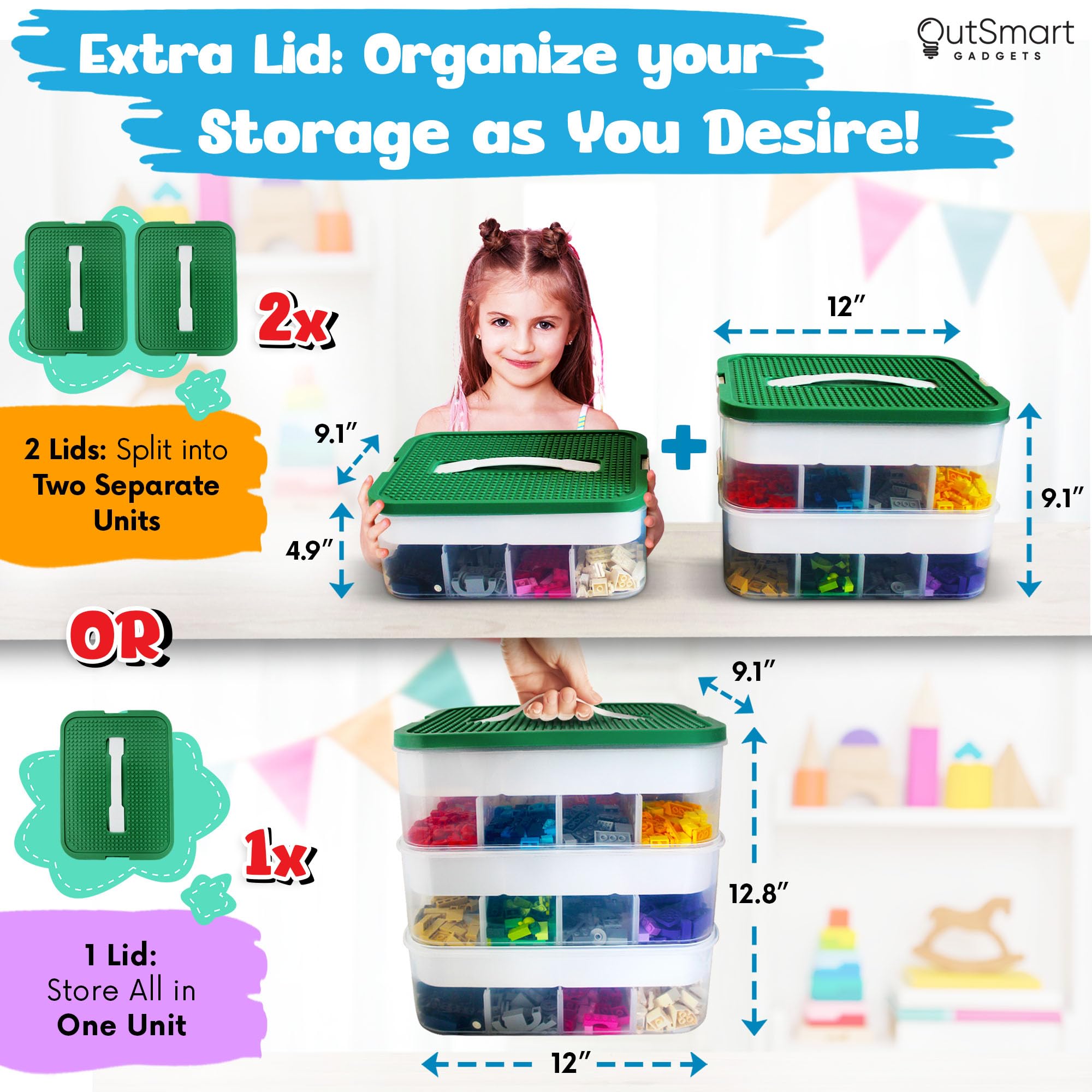 Outsmart Gadgets Plastic Stackable Toy Storage Organizer Bin for Lego, Building Bricks, Dolls and Crafts Organization, 3 Layers with Adjustable Compartments,ABC Stickers and 2 Lids Included