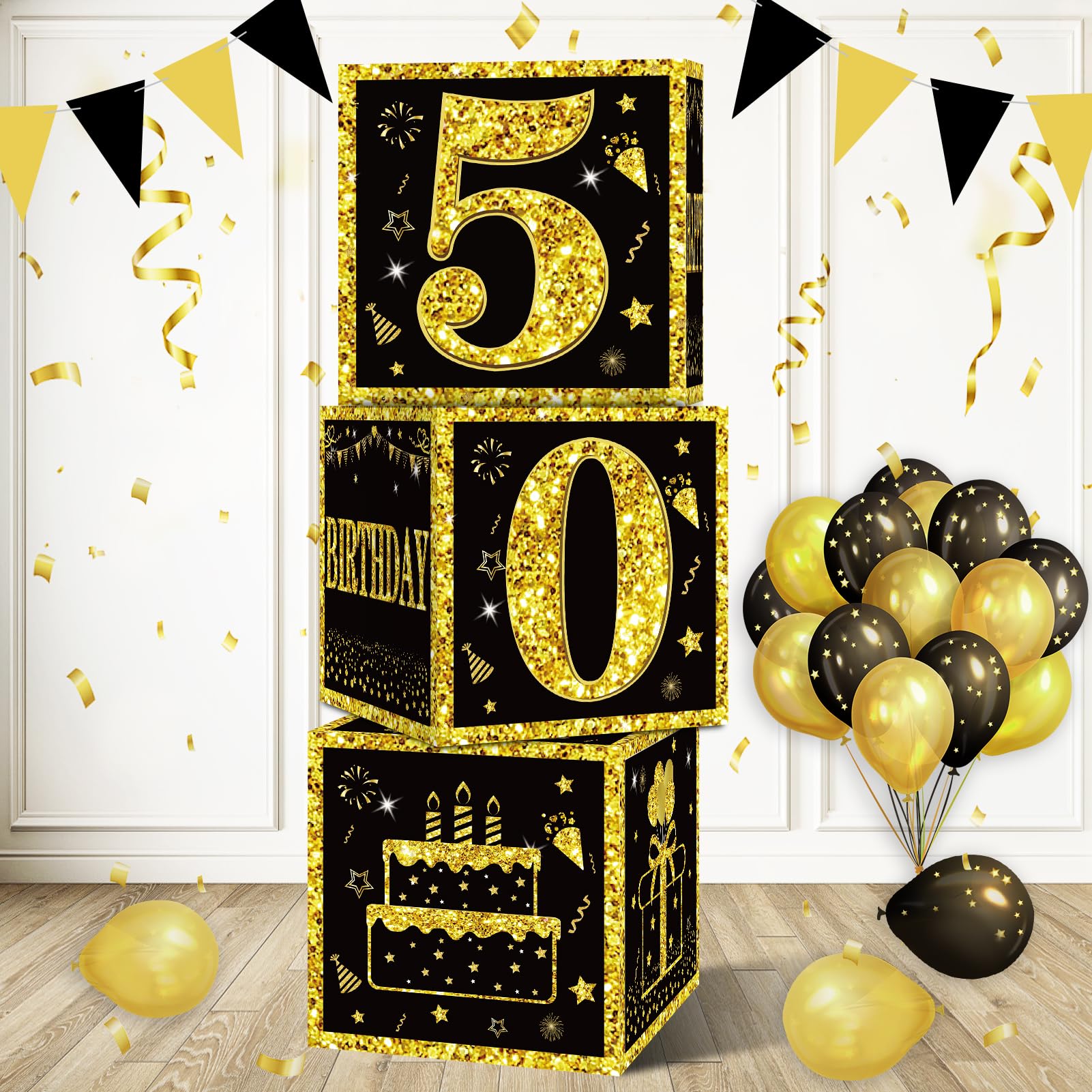 Eiurteao 3pcs 50th Birthday Decorations Boxes for Men Women, Black Gold Happy 50 Birthday Balloons Boxes Party Supplies, 50 Year Old Bday Theme Cardboard Box