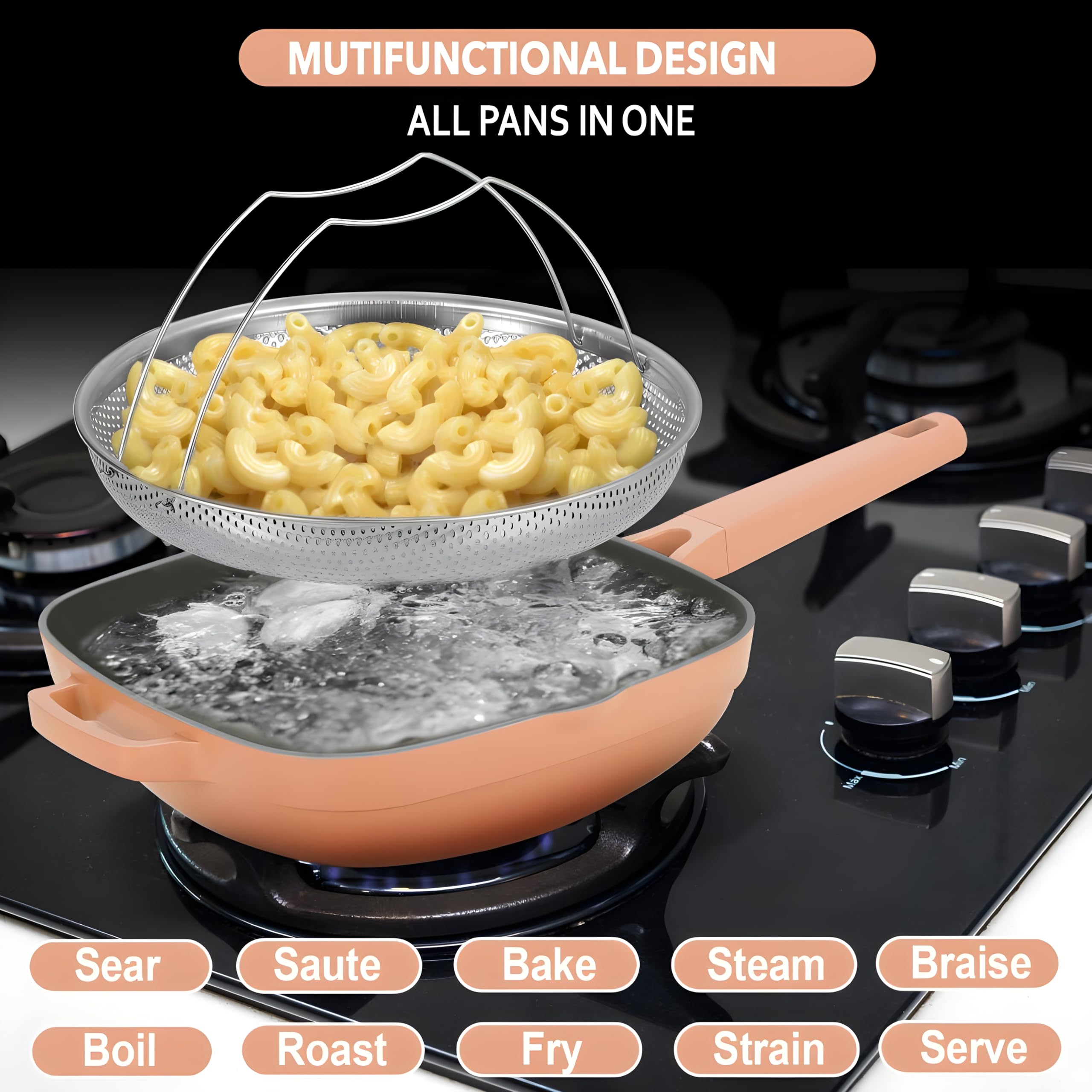 Nonstick Ceramic Saute Pan with Steamer, Non Toxic Deep Frying Pan with Spatula, PFOA,PFOS,Lead & Cadmium Free,Dishwasher Safe,4 Qt,11-inch, Terracotta,All in One Pan,ceramic pan saute pan with lid