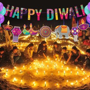 KYMY Happy Diwali Paper Banners, Deepavali Themed Pennants Hanging Banners, Indian Festival of Lights Paper Banner Sign and Diwali Pennants for India Diwali Party Decorations