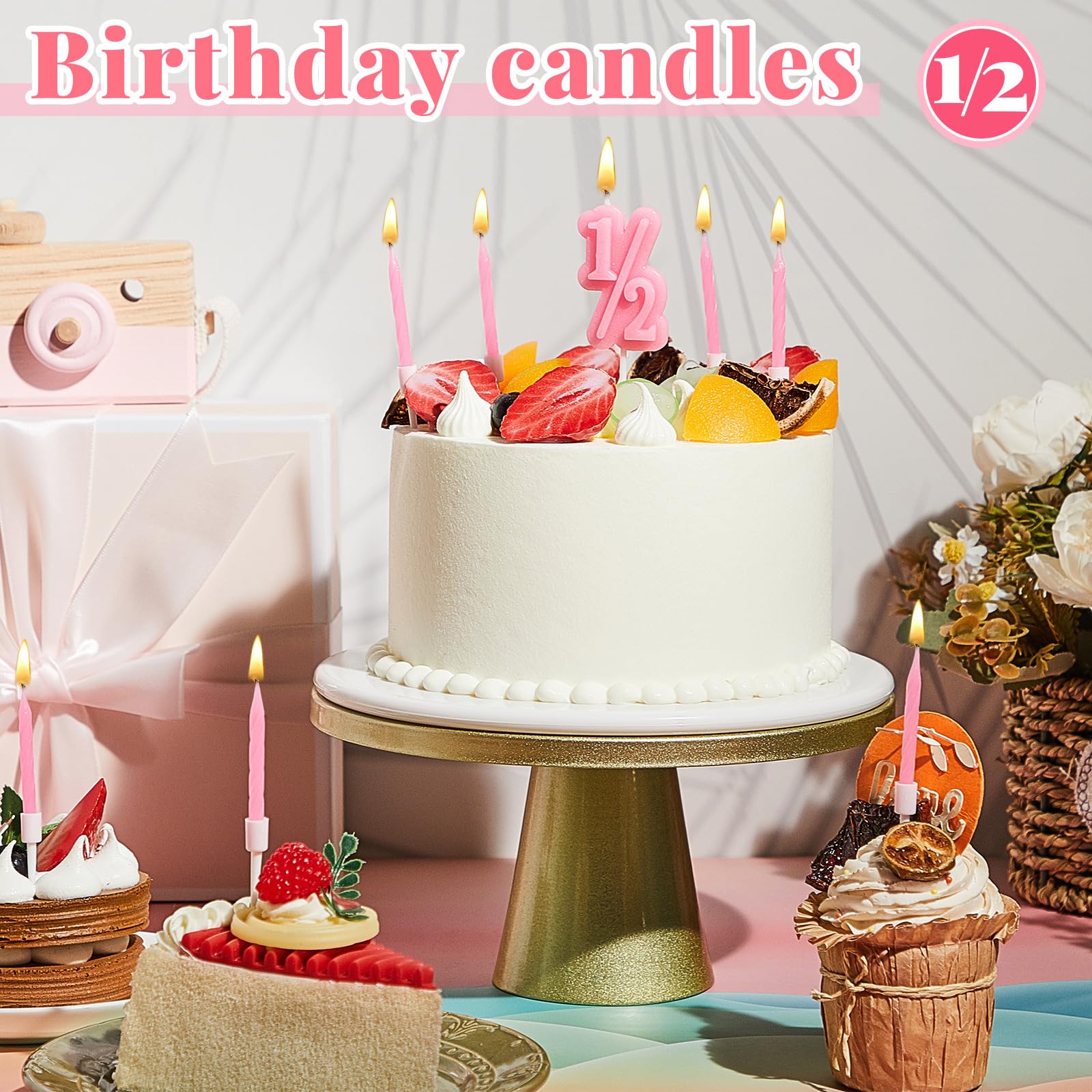 MTLEE 1/2 Birthday Candle Half Birthday Cake Topper with 10 Thin Spiral Cake Candles in Holders for 1/2 Birthday Anniversary Celebration Wedding Party Decorations(Pink)