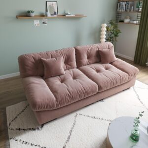 JACH 89" Oversized Deep Sectional Couch, Minimalist Love Seat Couches, Sectional Sofas with Thick Cushion, Comfy Corduroy Sofa with Two Pillows for Living Room, Apartment, Office, Pink