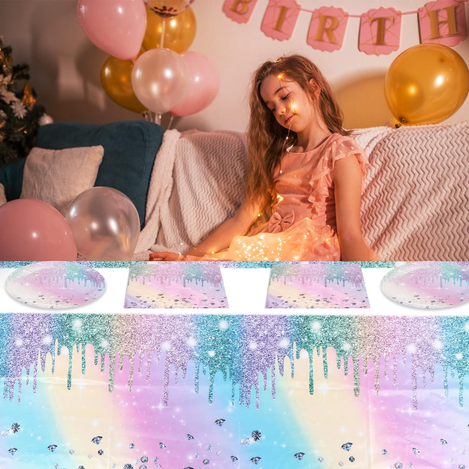 Juhap Iridescent Diamond Birthday Party Supplies Decorations, Disposable Holographic Paper Tableware Includes 20 Plates 20 Napkins and 1 Tablecloth for Girls Kids Birthday Theme Party, Serve 20