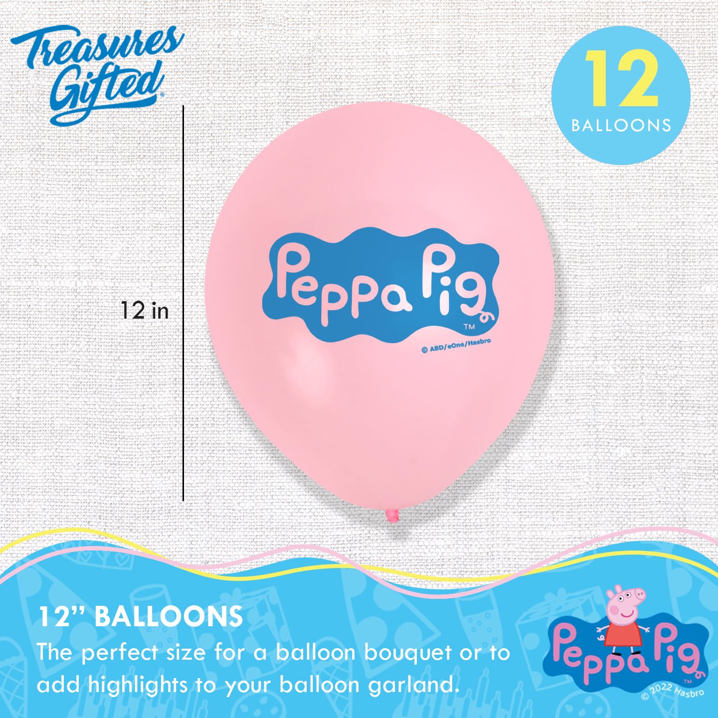 Treasures Gifted Peppa Pig Balloon - 12 Pack - 12in Latex Peppa Pig Party Balloons - Peppa Pig Party Decorations - Officially Licensed Peppa Pig Birthday Party Supplies - Peppa Pig Balloons