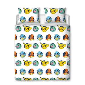 Character World Pokemon Official Double Duvet Cover Set, Gotta Design | Blue Reversible Pikachu Squirtle Charmander 2 Sided Bedding Cover Official Merchandise Including Matching Pillow Cases