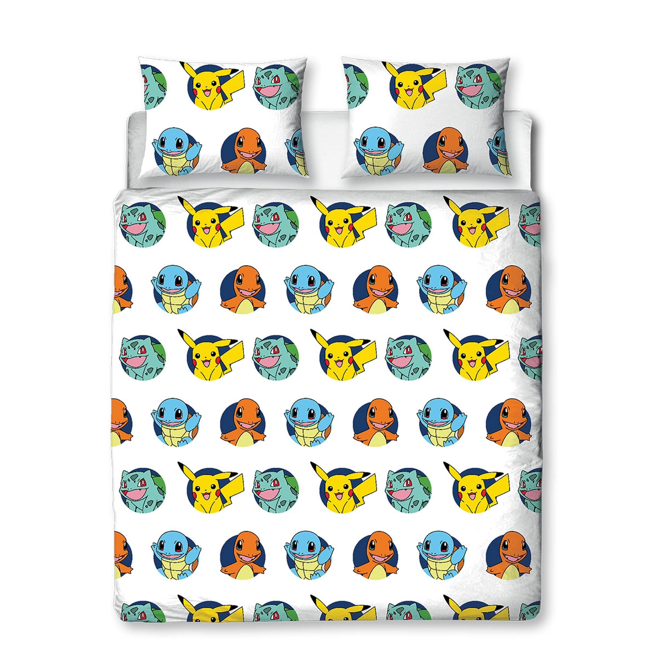 Character World Pokemon Official Double Duvet Cover Set, Gotta Design | Blue Reversible Pikachu Squirtle Charmander 2 Sided Bedding Cover Official Merchandise Including Matching Pillow Cases