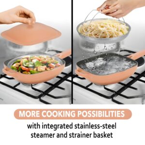 Nonstick Ceramic Saute Pan with Steamer, Non Toxic Deep Frying Pan with Spatula, PFOA,PFOS,Lead & Cadmium Free,Dishwasher Safe,4 Qt,11-inch, Terracotta,All in One Pan,ceramic pan saute pan with lid