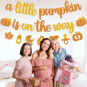 A Little Pumpkin is on The Way Banner Glitter Orange Gold Little Pumpkin Baby Shower Party Decoration Little Girl Boy Fall Pumpkin Autumn Harvest Theme A Little Pumpkin is on the His Way Gender Reveal