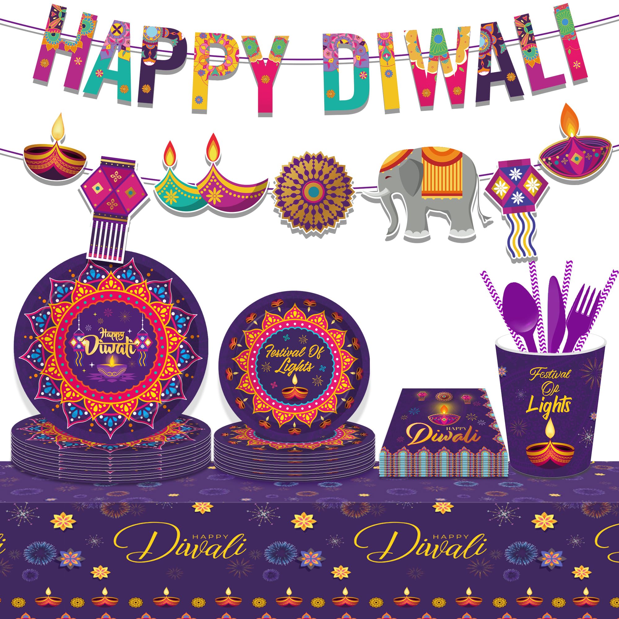 KYMY Happy Diwali Paper Banners, Deepavali Themed Pennants Hanging Banners, Indian Festival of Lights Paper Banner Sign and Diwali Pennants for India Diwali Party Decorations