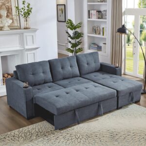 ds-homeport 80" pull out convertible sofa bed couch for living room, l shaped sectional sleeper sofa with storage chaise, linen reversible upholstered sofa bed for small space(queen,grey)