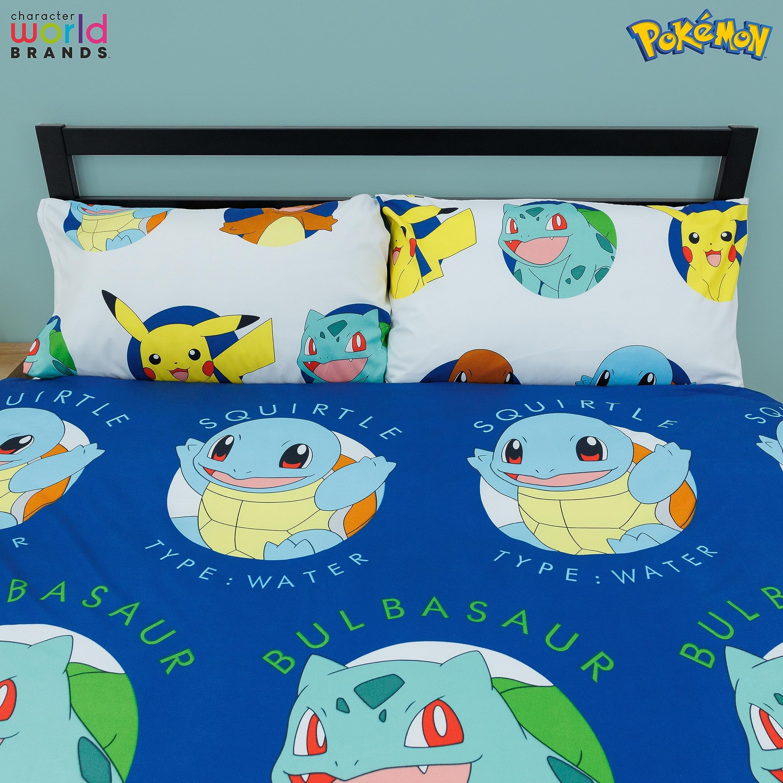 Character World Pokemon Official Double Duvet Cover Set, Gotta Design | Blue Reversible Pikachu Squirtle Charmander 2 Sided Bedding Cover Official Merchandise Including Matching Pillow Cases