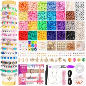 5800 pcs clay beads bracelet making kit, 24 colors flat preppy beads for friendship jewelry making, polymer heishi beads with charms diy arts and crafts birthday gifts toys for teen girls age 6+