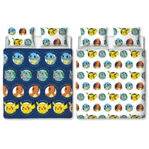 Character World Pokemon Official Double Duvet Cover Set, Gotta Design | Blue Reversible Pikachu Squirtle Charmander 2 Sided Bedding Cover Official Merchandise Including Matching Pillow Cases