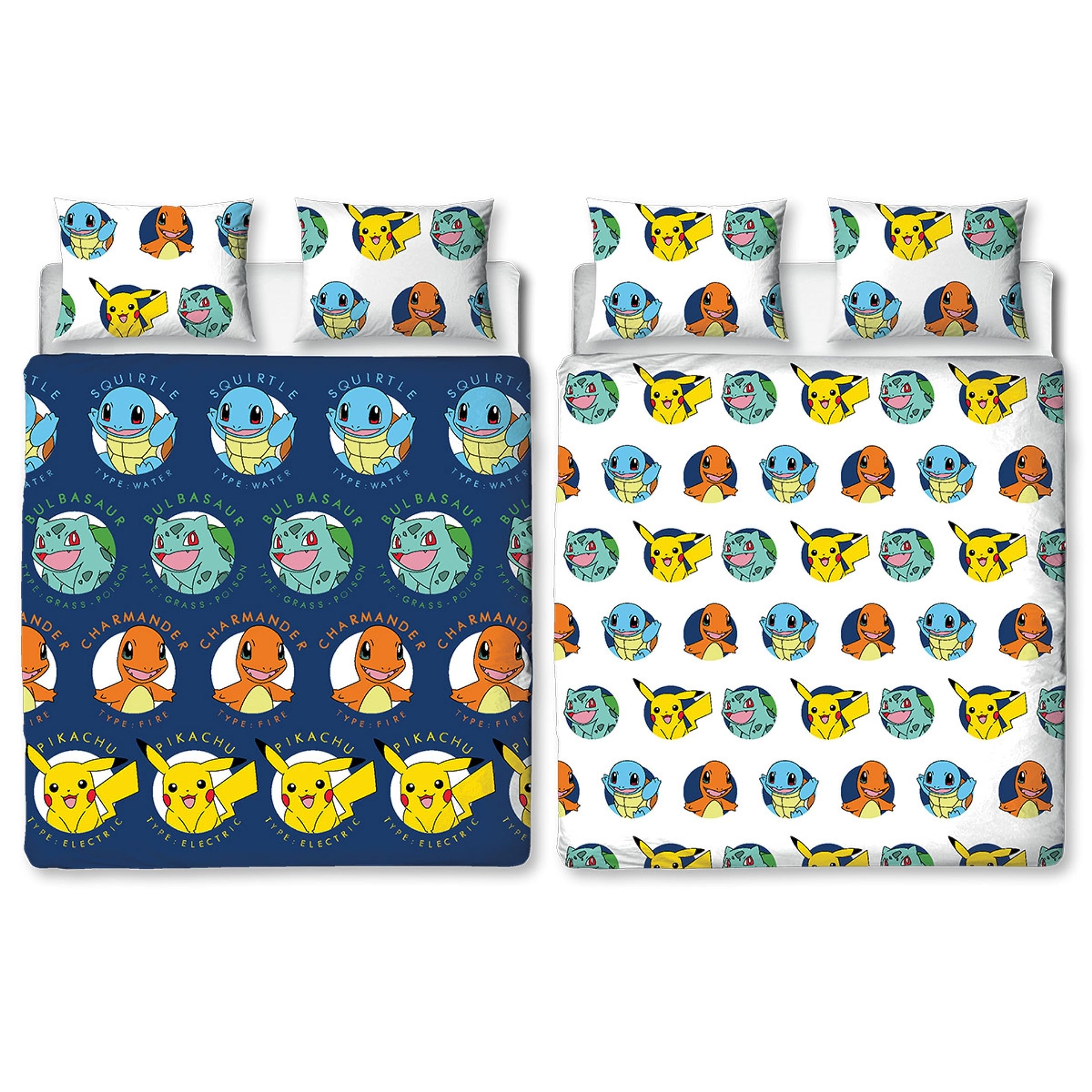 Character World Pokemon Official Double Duvet Cover Set, Gotta Design | Blue Reversible Pikachu Squirtle Charmander 2 Sided Bedding Cover Official Merchandise Including Matching Pillow Cases