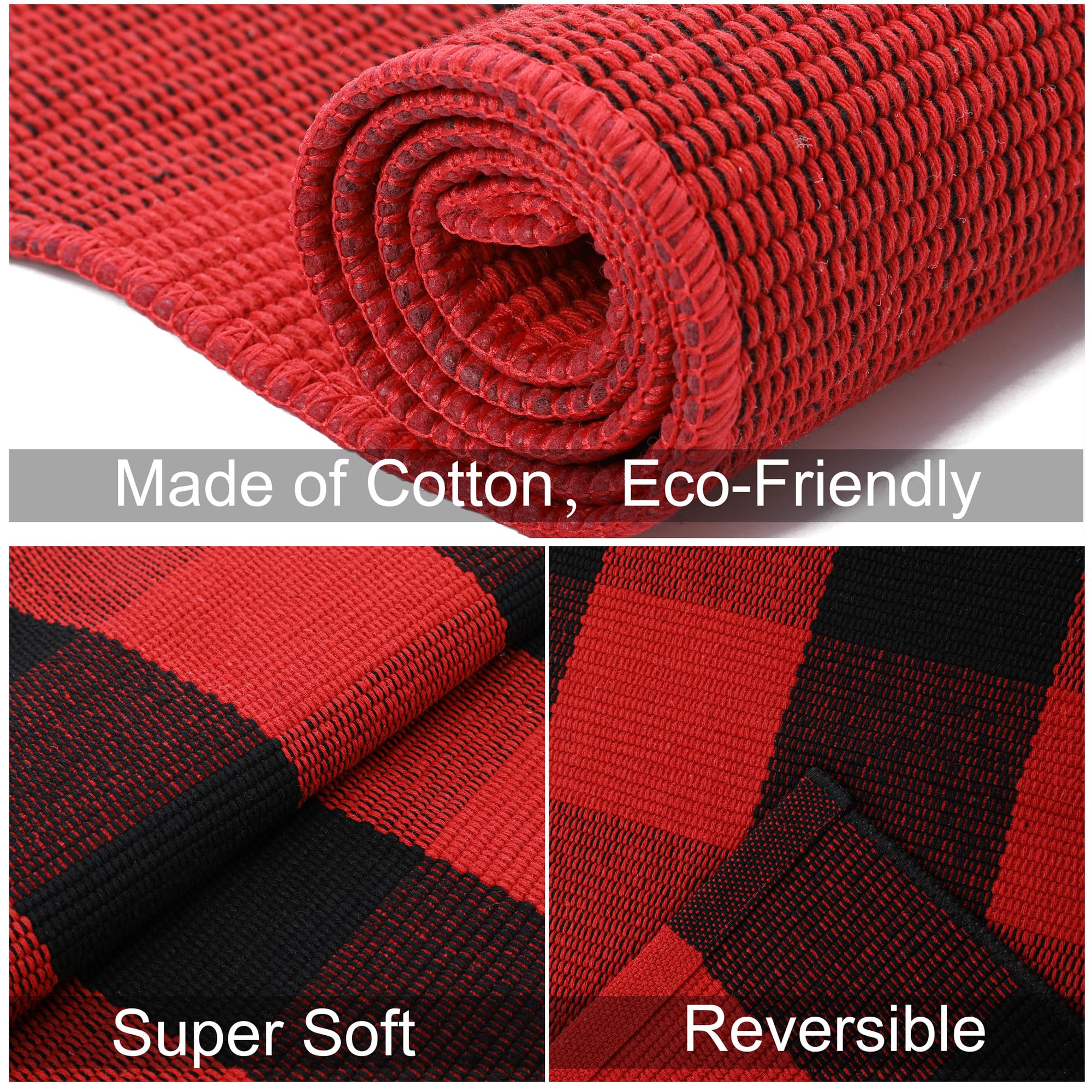 Buffalo Plaid Outdoor Rug 3'x5' Black and Red Checkered Door Mat Cotton Hand-Woven Front Welcome Door Mats for Front Porch Patio Entryway Kitchen Farmhouse